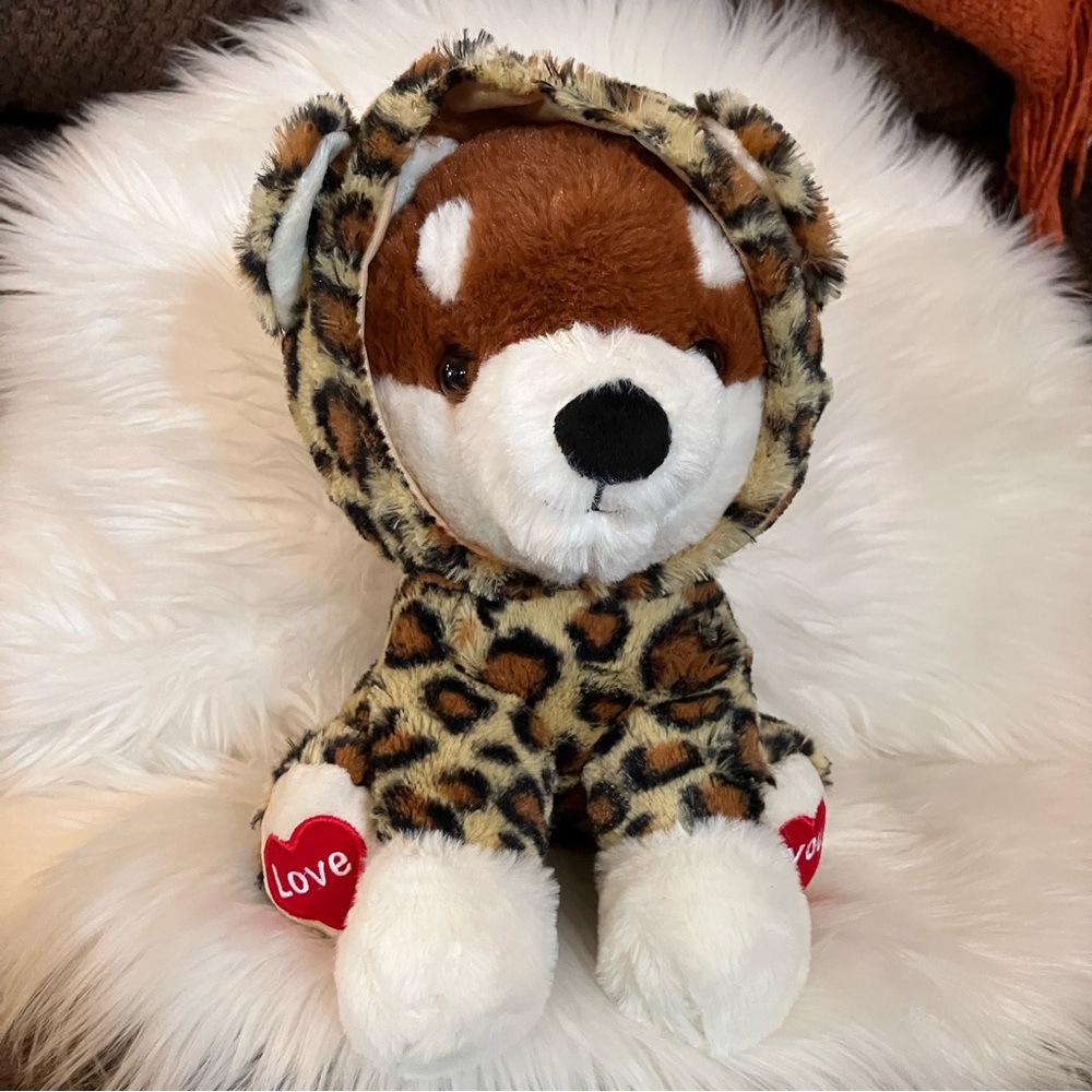 Dog wearing leopard outfit saying love you on paws valentines plush